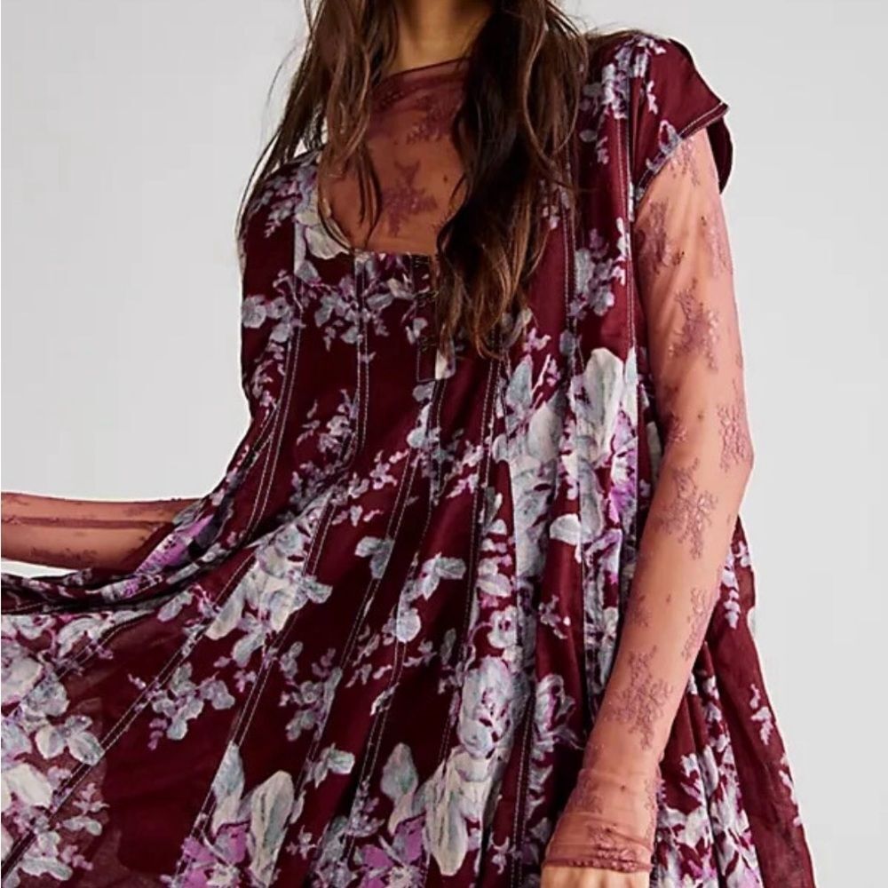 Free People Sully Floral Pleated Mini Dress Raisin Combo XS